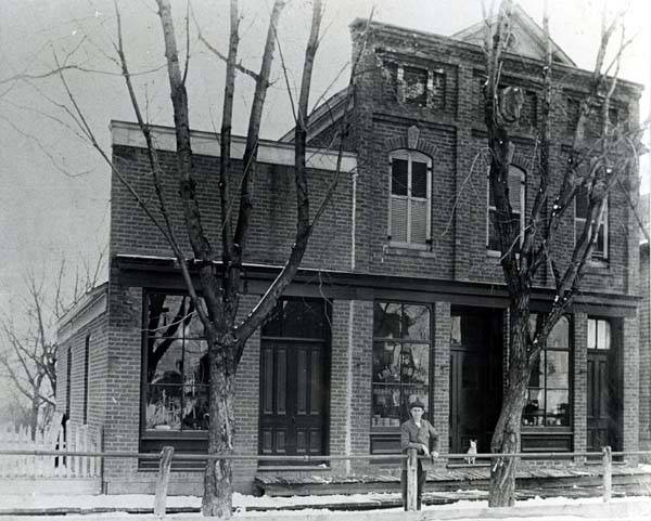 The Paroubek Harness Maker shop at 8045 Lincoln Avenue in 1898 (it is believed the man posing in front of it is Ivan Paroubek)