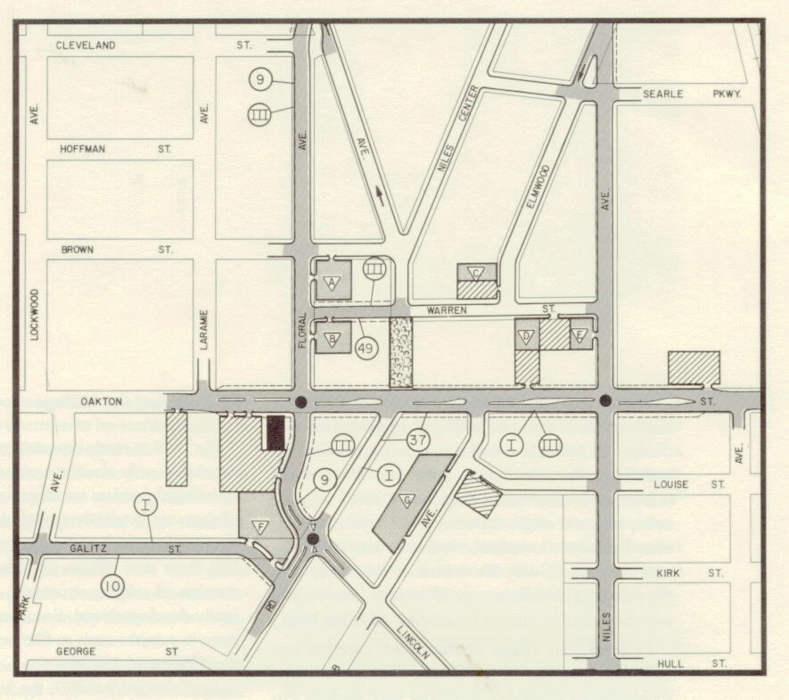 The layout of a proposed mall for Lincoln Avenue in the 1970s showing suggested changes which were never adopted